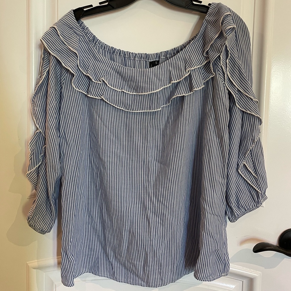 Kay Celine Blue, White Off the Shoulder Long Sleeve Top (Small)